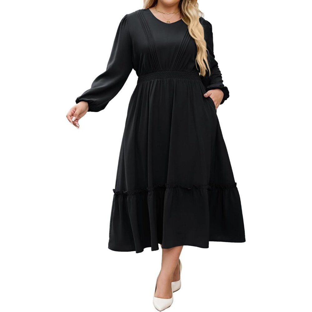 Women Plus Size Casual Maxi Dress V Neck Pleated Pockets Flowy Tiered